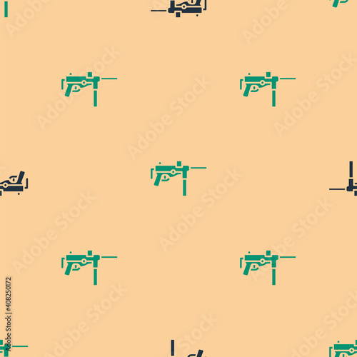 Green and black Submachine gun M3, Grease gun icon isolated seamless pattern on beige background. Vector.