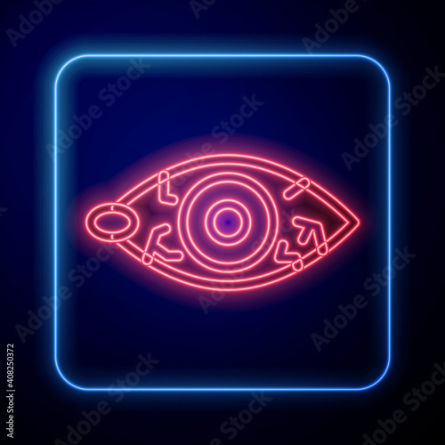 Glowing neon Reddish eye due to viral, bacterial or allergic conjunctivitis icon isolated on blue background. Vector.