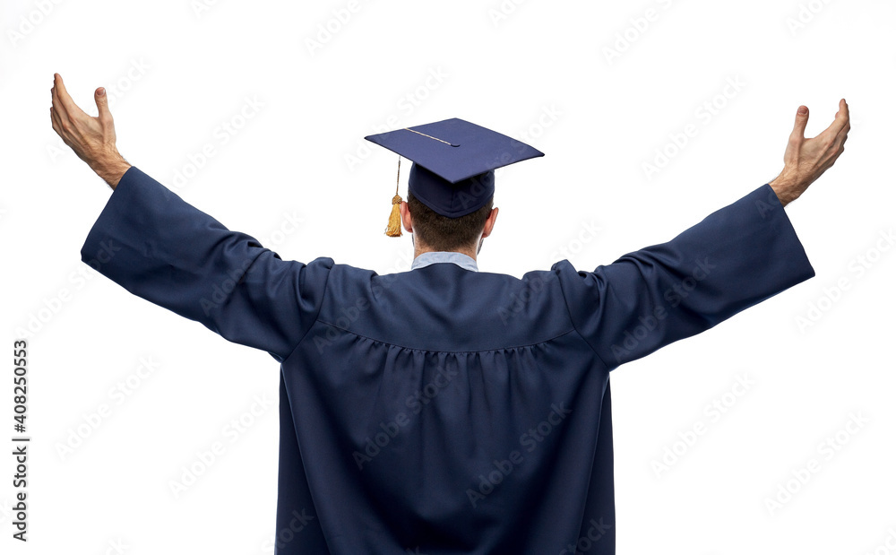education, graduation and people concept - happy male graduate student in mortar board and bachelor gown celebrating success over white background from back education, graduation and people concept - happy male graduate student in mortar board and bachelor gown celebrating success over white background from back
