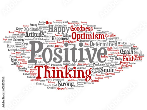 Vector concept, conceptual positive thinking, happy strong attitude abstract word cloud isolated on background. Collage of optimism smile, faith, courageous goals, goodness, happiness inspiration text