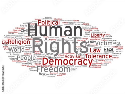 Vector concept or conceptual human rights political freedom, democracy abstract word cloud isolated background. Collage of humanity world tolerance, law principles, people justice discrimination text