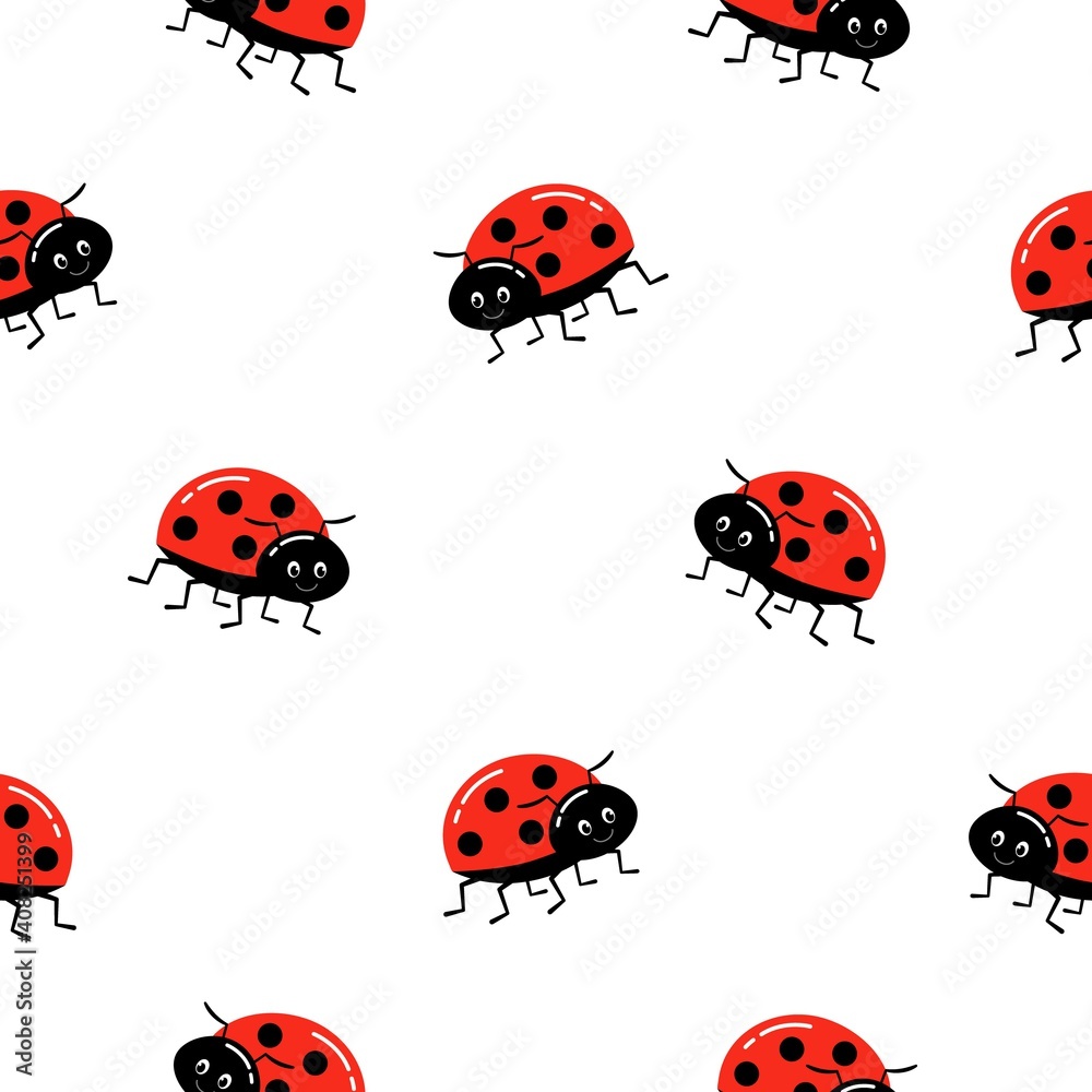 Fototapeta premium Funny ladybugs seamless pattern. Template for fashion prints, wrapping paper, background, fabric, surface design.