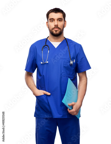 healthcare, profession and medicine concept - doctor or male nurse in blue uniform with folder over white background