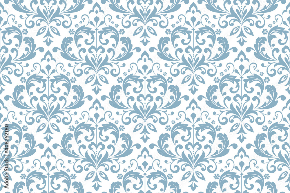 Wallpaper in the style of Baroque. Seamless vector background. White and blue floral ornament. Graphic pattern for fabric, wallpaper, packaging. Ornate Damask flower ornament Wallpaper in the style of Baroque. Seamless vector background. White and blue floral ornament. Graphic pattern for fabric, wallpaper, packaging. Ornate Damask flower ornament