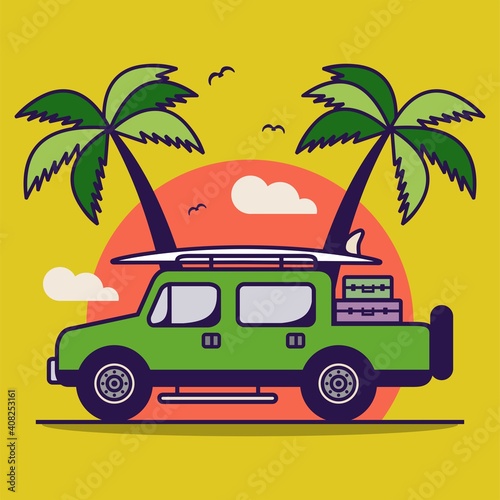 Vector Holiday Adventure Car Flat Design Illustration Minimalist Landscape Icon. Holiday Car Summer Illustration