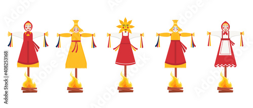 Vector Set of effigy of Maslenitsa in ethnic dress with a head from straw isolated on white. Collection of Marena doll for traditional Russian winter festival. Pancake week Slavic holiday Shrovetide.
