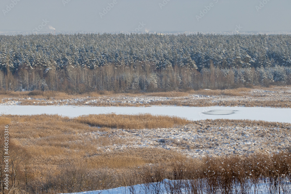 Winter frost landscape outgoing into the horizon. Beautiful nature in january. Forest and frozen Seversky donets river.