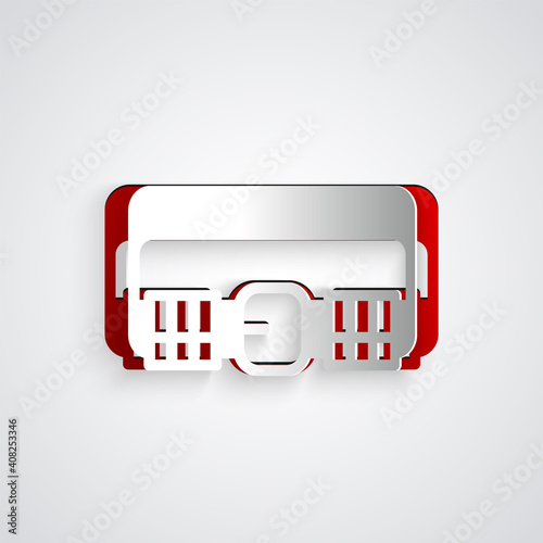 Paper cut Hunting cartridge belt with cartridges icon isolated on grey background. Bandolier sign. Hunter equipment, armament. Paper art style. Vector.