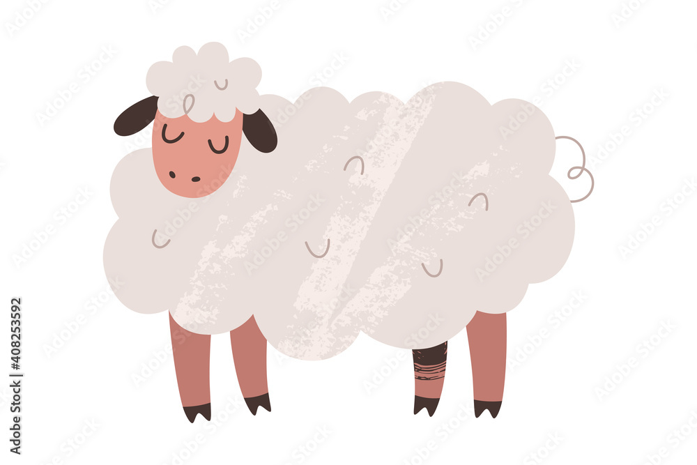 Obraz premium Cute cute fluffy sheep with face expression, farm animal illustration, vector art isolated