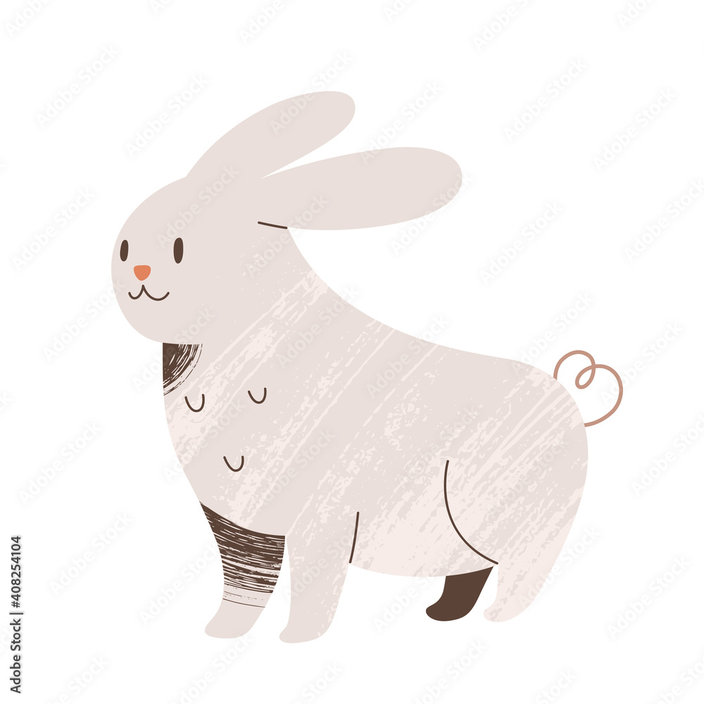 Naklejka premium Cute white rabbit doodle illustration, farm animal with face expression, colored mascot, vector clipart isolated