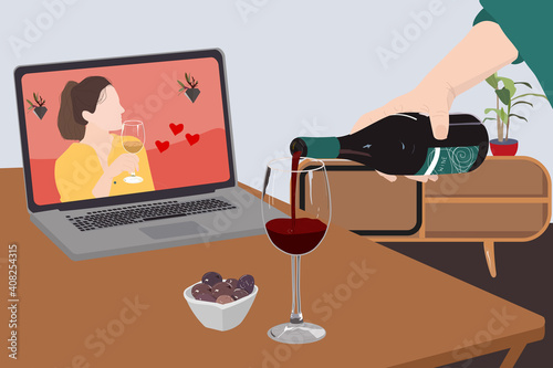 Video call date. Adult people are making a pre-meal aperitif with wine together at home using teleconference platform apps during COVID-19 restrictions. Valentines celebration online