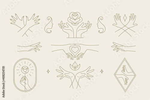 Female hands gestures collection of line art hand drawn style vector illustrations.