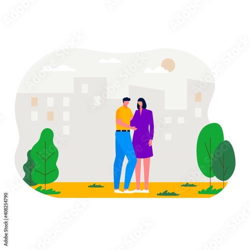 People walking in the park, relaxing, connecting. Leisure and outdoor activity, family picnic, summer rest. Vector flat concept illustration