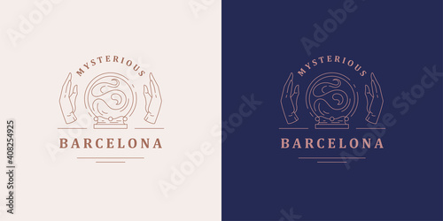 Hands of fortune teller and crystal ball logo template silhouette linear vector illustration