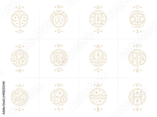 Zodiac astrology horoscope glyphs linear design vector illustrations set