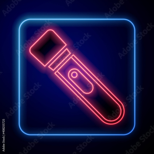 Glowing neon Flashlight icon isolated on blue background. Vector.
