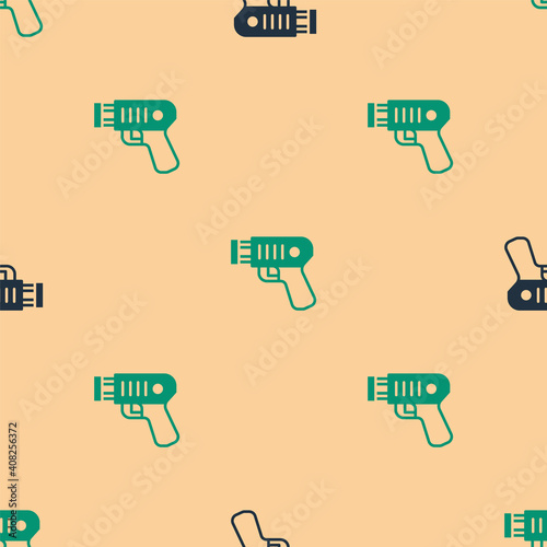 Green and black Police electric shocker icon isolated seamless pattern on beige background. Shocker for protection. Taser is an electric weapon. Vector.