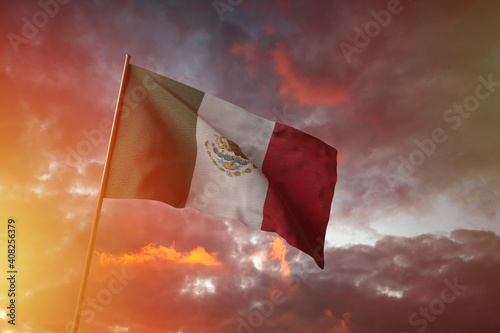 Flag of Mexico flying in the wind with flag pole  3D rendering