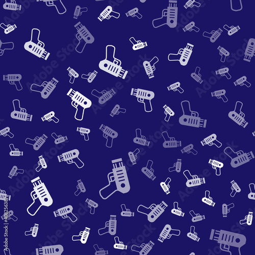 White Police electric shocker icon isolated seamless pattern on blue background. Shocker for protection. Taser is an electric weapon. Vector.