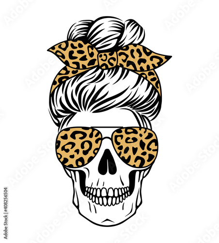 Female skull with aviator glasses bandana and leopard print. Mom skull with messy bun. Vecto illustration. Sugar skull with cheetah pattern.