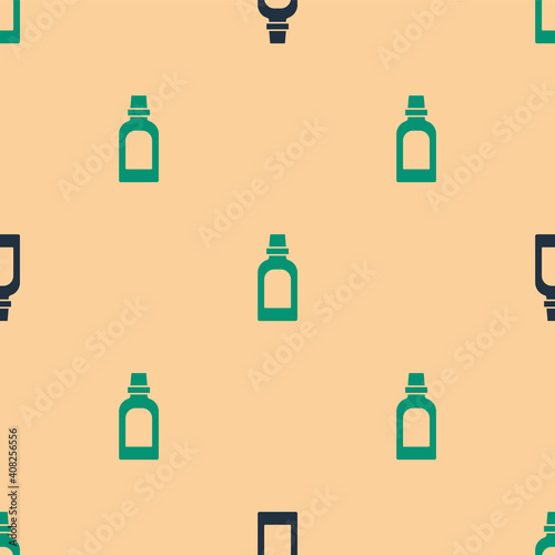 Green and black Plastic bottle for laundry detergent, bleach, dishwashing liquid or another cleaning agent icon isolated seamless pattern on beige background. Vector.