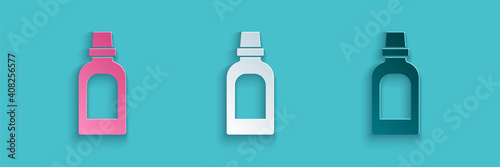 Paper cut Plastic bottle for laundry detergent, bleach, dishwashing liquid or another cleaning agent icon isolated on blue background. Paper art style. Vector.