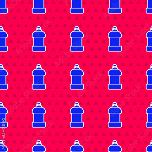 Blue Plastic bottle for laundry detergent, bleach, dishwashing liquid or another cleaning agent icon isolated seamless pattern on red background. Vector.