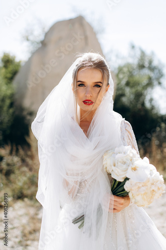 Portrait of a bride and luxury dress near the rocks on a wedding day