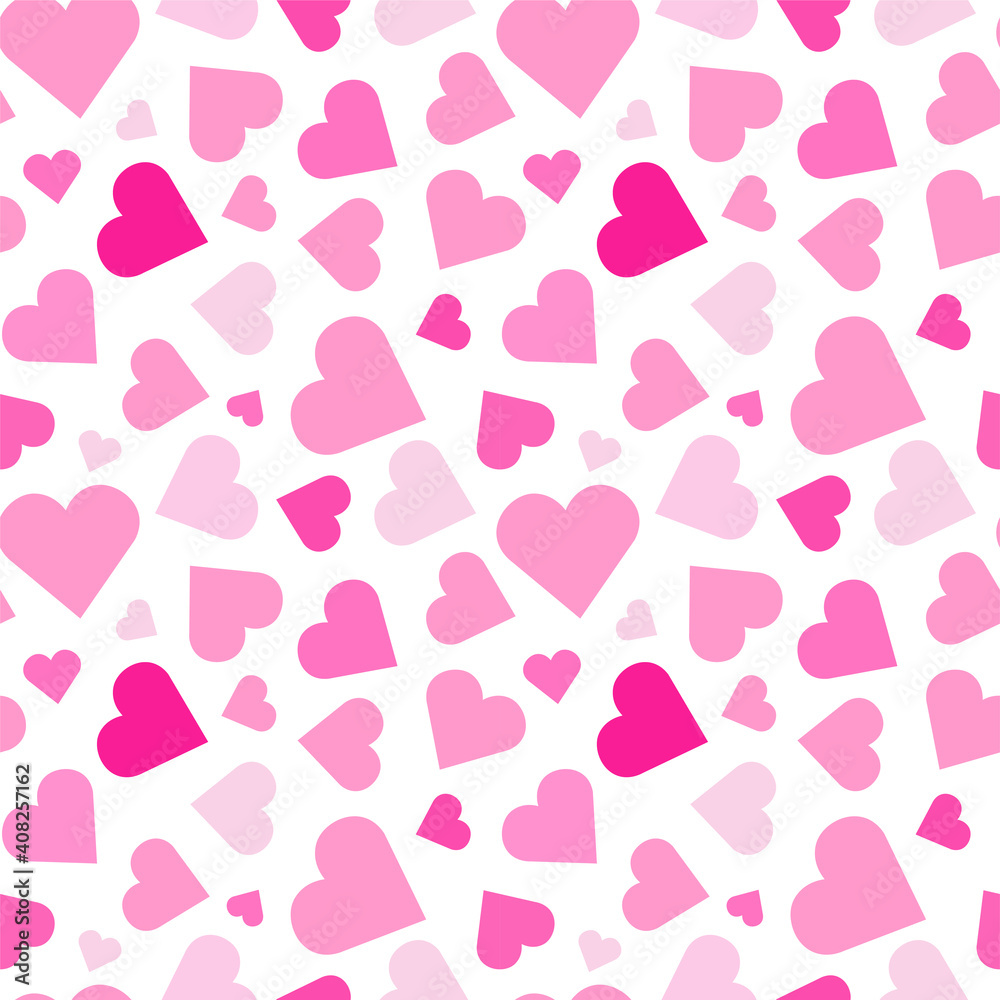 Seamless repeating pattern with hearts. Background with pink hearts different sizes on white background