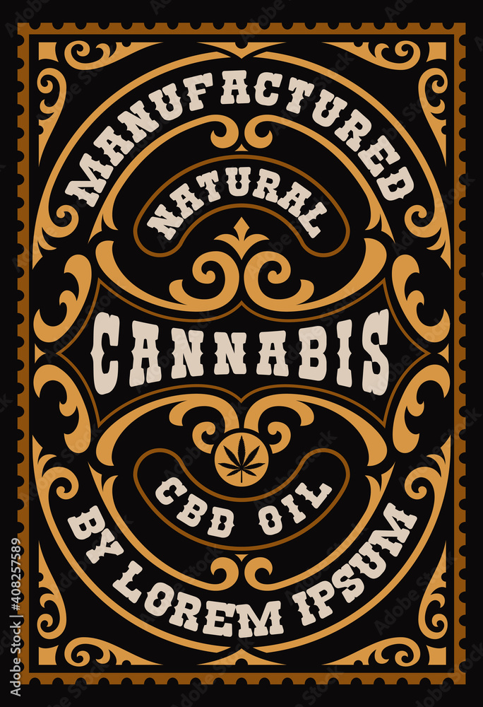 a vintage label for a cannabis theme, this design can be used as a template for a package of different marijuana products