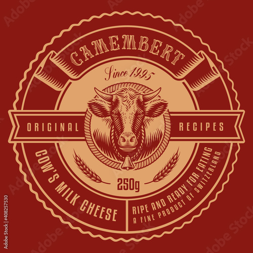 a round cheese label in vintage style, this design is editable and can be used as well as a label for a milk package or as a logo for a butcher shop