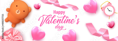 Valentine set card. Romantic day background love poster to promotion. Sale banner with hearts and gifts. Special offer to romantic day.