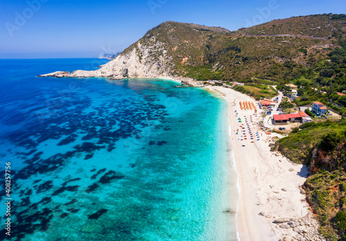 Aerial view to the popular beach of Petani on the island of Kefalonia  Greece  with turquoise sea and fine pebbles