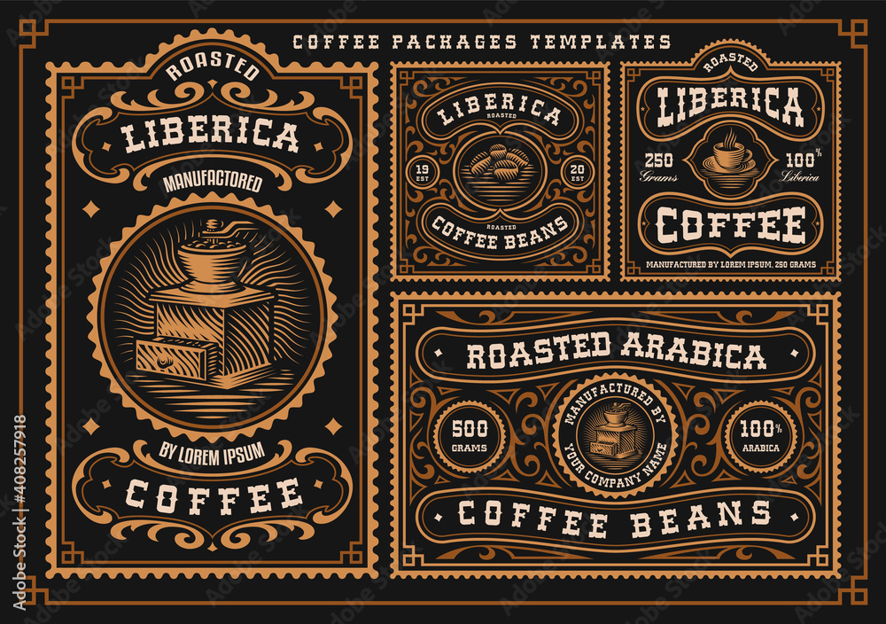 A bundle of vintage coffee labels, these designs can be used as coffee packages in retro style