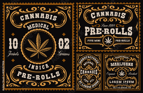 a bundle of vintage labels for cannabis theme, these designs can be used as templates for different marijuana products such as cannabis pre-rolls, CBD oil, and many others