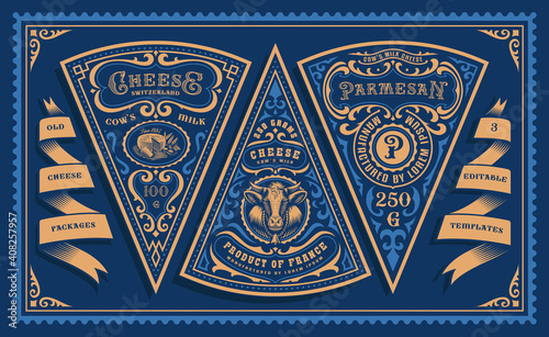 a bundle of vintage cheese labels, all elements are in separate groups and easily editable