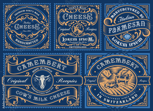 a big bundle of vintage editable cheese labels, all elements are in separate groups and easily editable