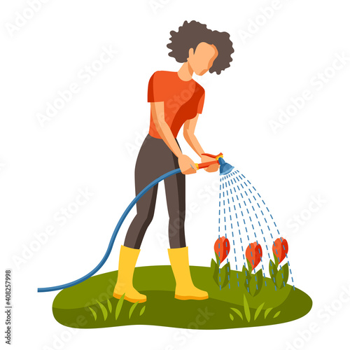 Illustration of young girl watering flowers.