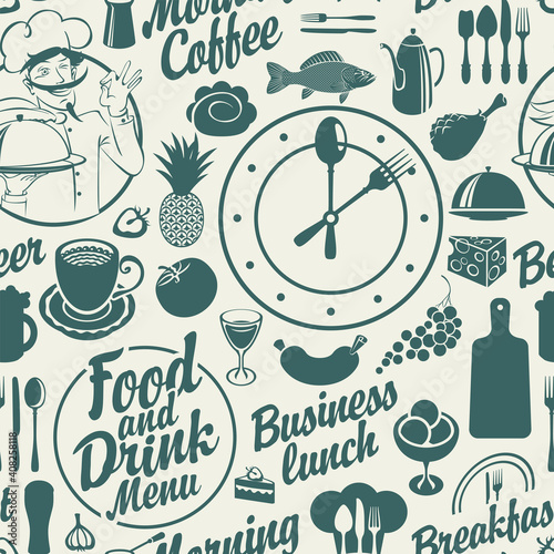 Seamless pattern on the food and drink theme with various meals, drinks and inscriptions on a light backdrop. Vector repeating background in cartoon style. Great for wallpaper, wrapping paper, fabric