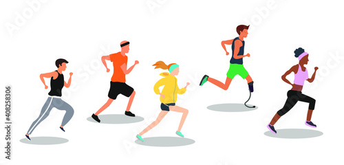 variety of people of different races and conditions, in a running race