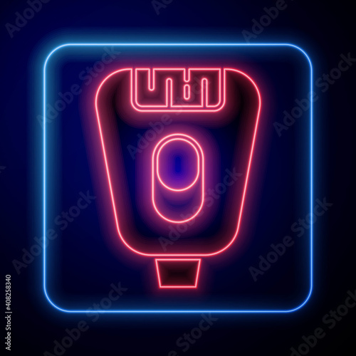 Glowing neon Epilator icon isolated on blue background. Depilation by electric razor. Hair removal on the body. Vector.