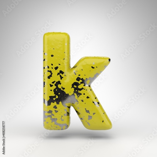 Letter K lowercase on white background. 3D letter with old yellow paint on gloss metal texture.