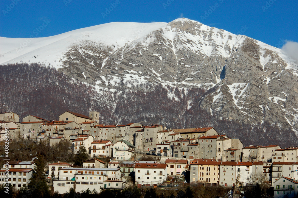The old town of Opi in winter, Abruzzo National Park, Italy