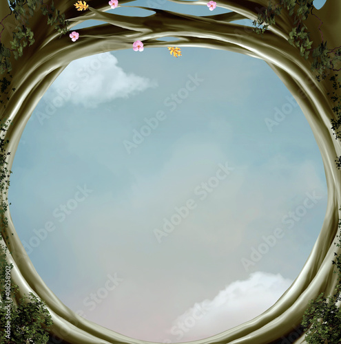 Fantasy spring hole showing an azure sky landscape – 3D illustration