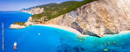 The famous Porto Katsiki beach on the island of Lefkada, Ioanian Sea, Greece, with turquoise colored ocean during summer time photo