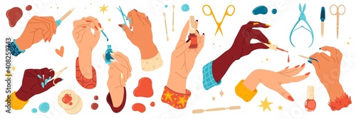 Female hand care. Nails salon, manicure tools and different angles hands with scissors and files, bright gel polishes and care products. Nail studio collection, vector cartoon set