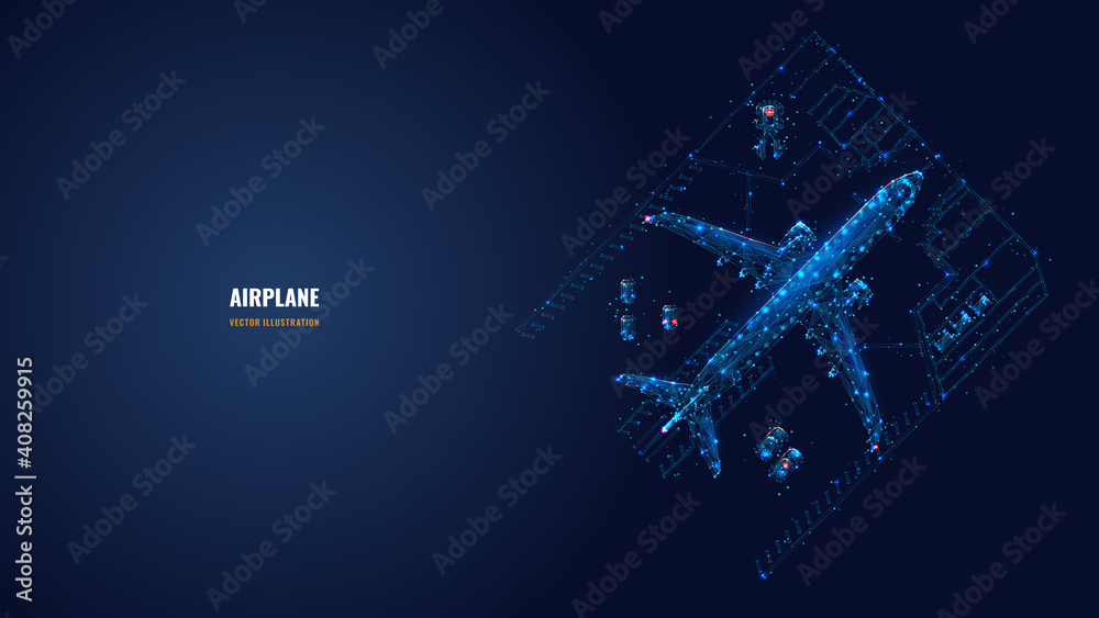 Abstract 3d airplane and cars in hangar. View from the top. Low poly aircraft concept in dark blue. Vector mesh image looks like starry sky. Digital wireframe with dots, lines and glowing particles