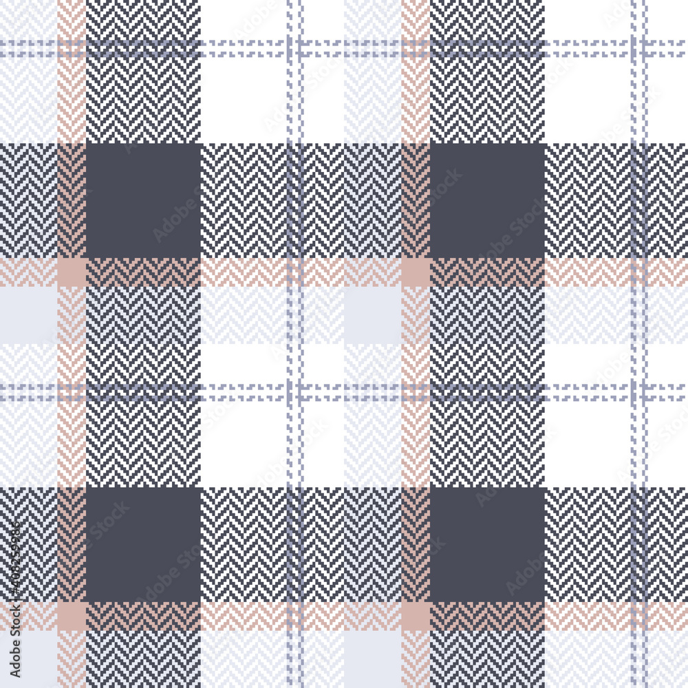 Plaid pattern in grey, pink, purple, white. Seamless herringbone textured tartan checked graphic for flannel shirt, skirt, tablecloth, or other modern spring autumn winter fashion textile print.