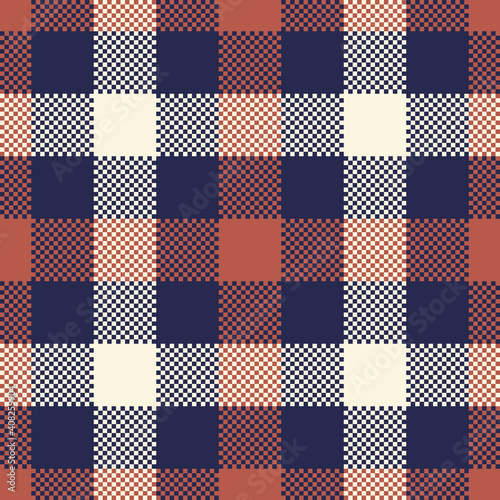 Plaid pattern in dark blue, brown, off white. Seamless gingham vichy check background for flannel shirt, skirt, gift wrapping, or other modern autumn winter fashion textile print.