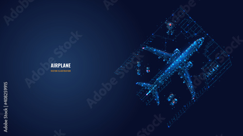 Abstract 3d airplane and cars in hangar. View from the top. Low poly aircraft concept in dark blue. Vector mesh image looks like starry sky. Digital wireframe with dots, lines and glowing particles